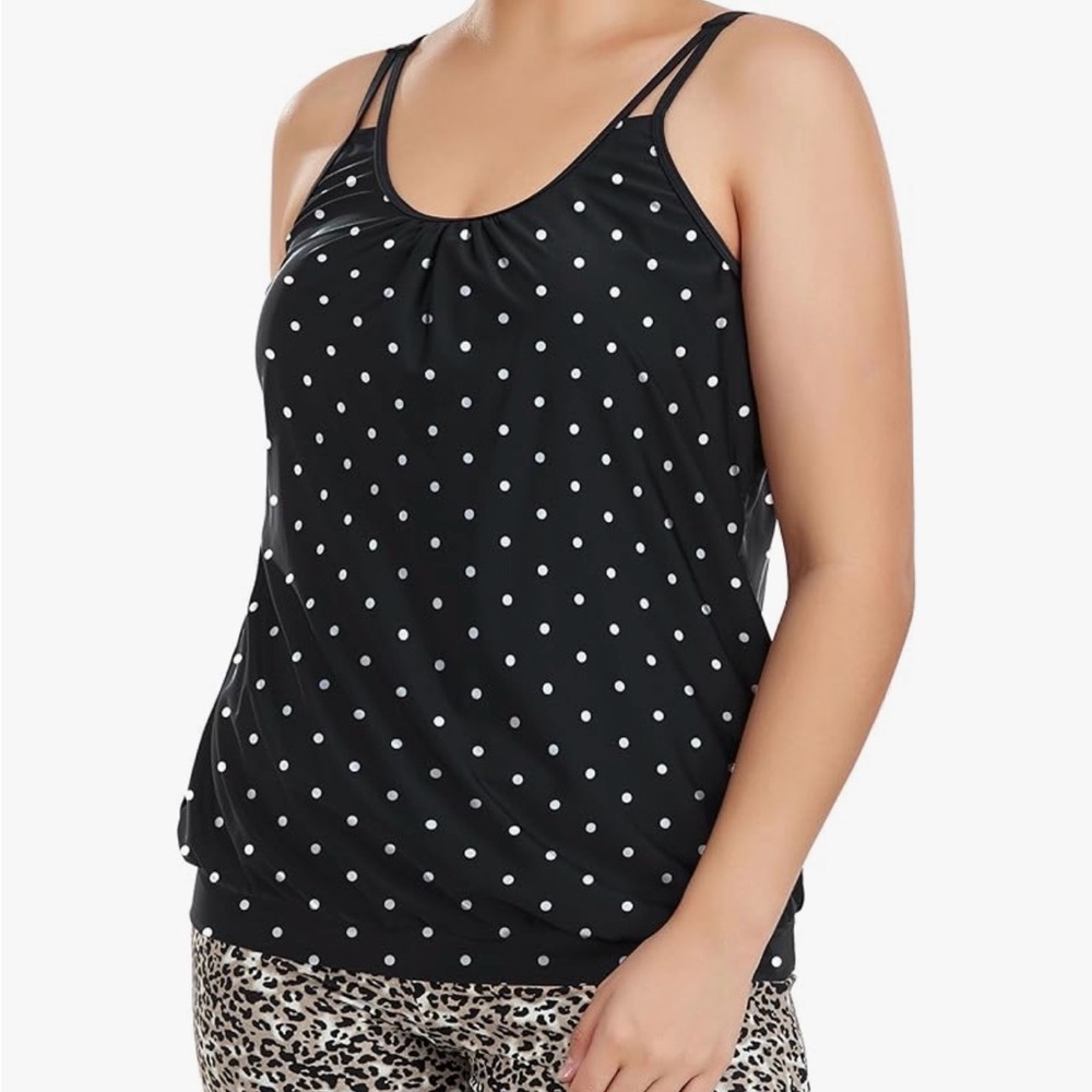 Black Polka Dot and Pink Bathing Suit Tops and a pair of swim shorts